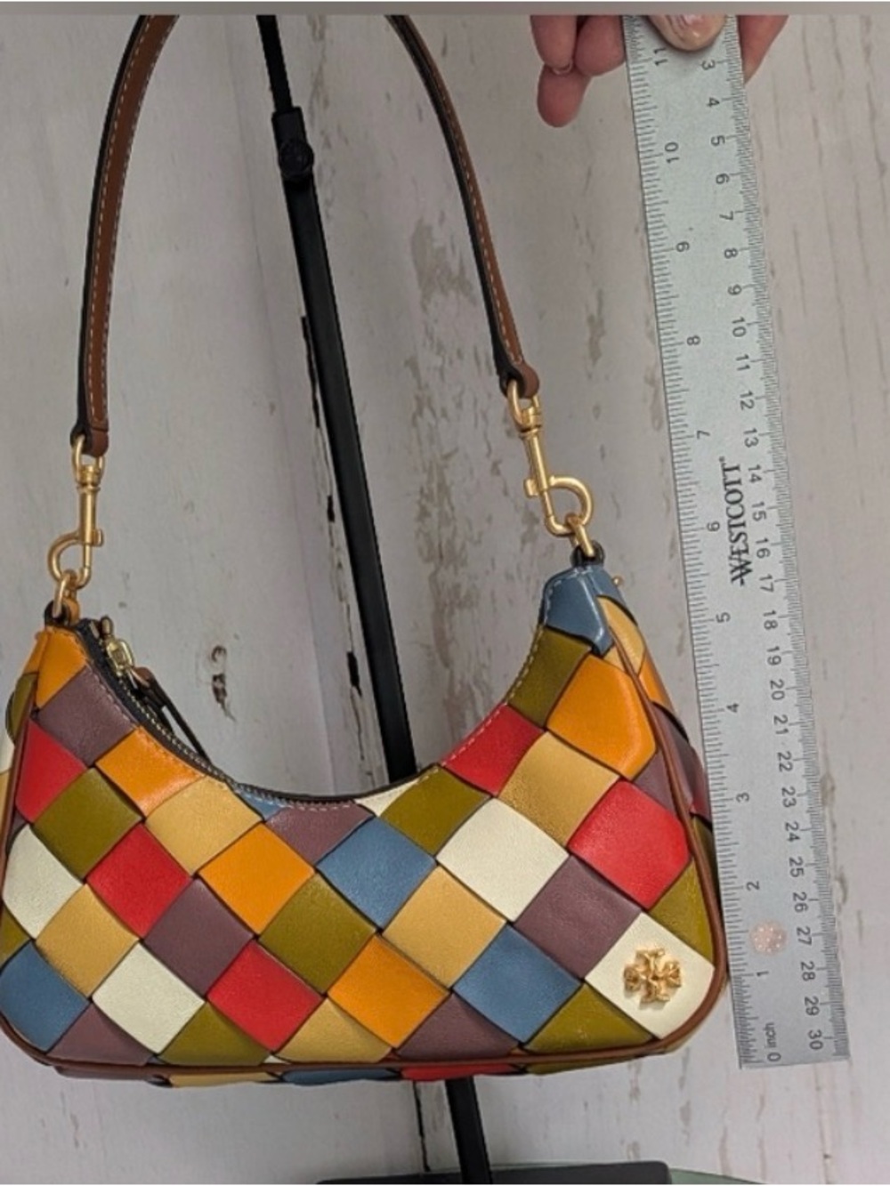 Tory Burch Patchwork Woven Leather 151 Small Crescent Handbag- 3 Carry Options - Picture 8 of 10